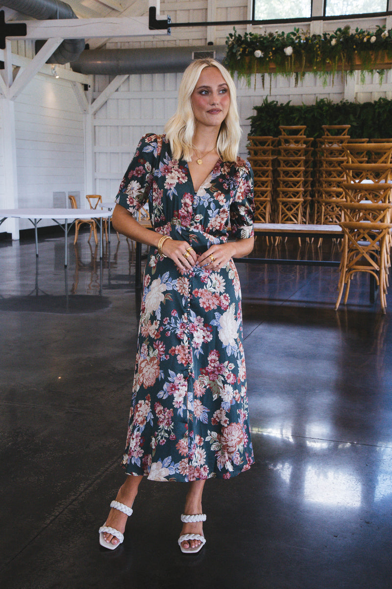 Moment In Time Floral Midi Dress, Pine/Multi