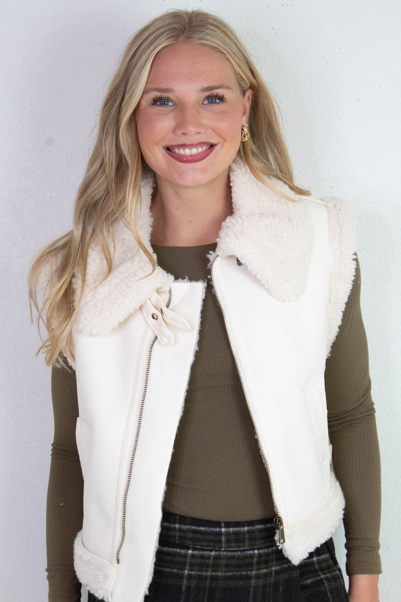 Claire Faux Leather Sherpa Lined Vest, Ivory