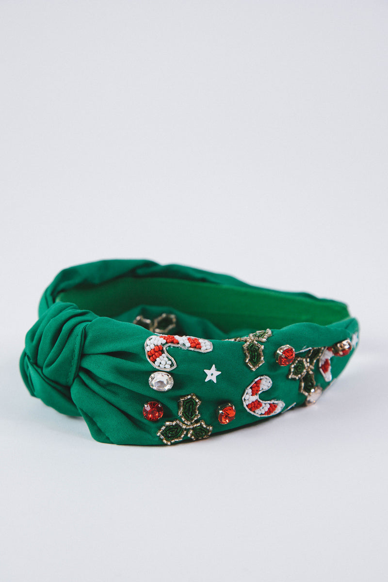 Candy Cane & Holly Holiday Headband, Green