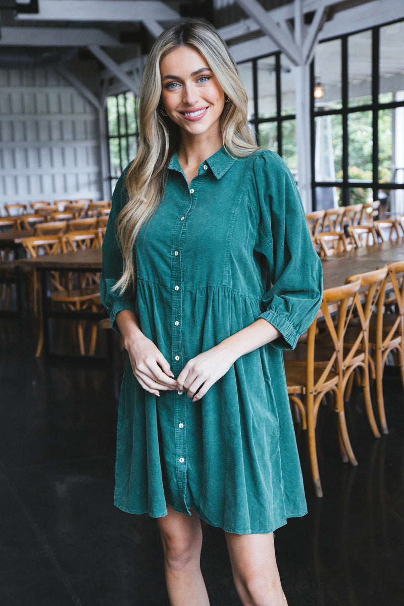 Lassen Corduroy Button Up Dress, Evergreen