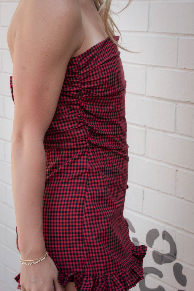 Guinevere Strapless Checkered Romper, Black Red