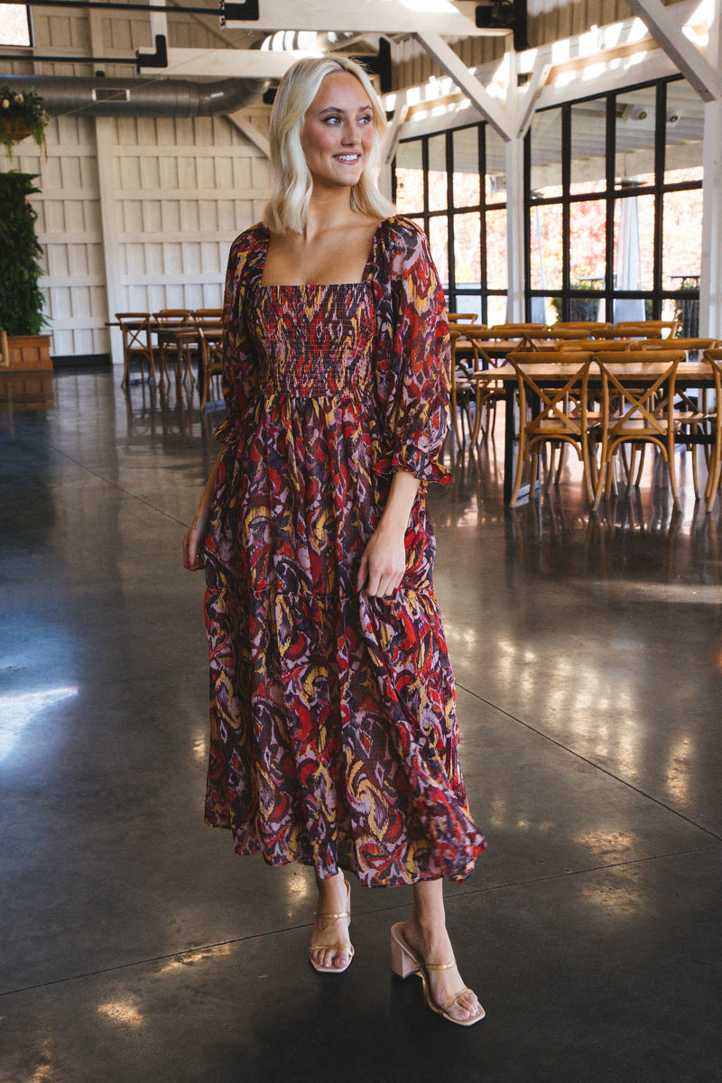 Aubree Smocked Chiffon Midi Dress, Red/Mustard