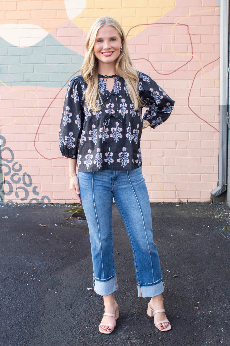 Reese Tie Neck Blouse, Black Mix
