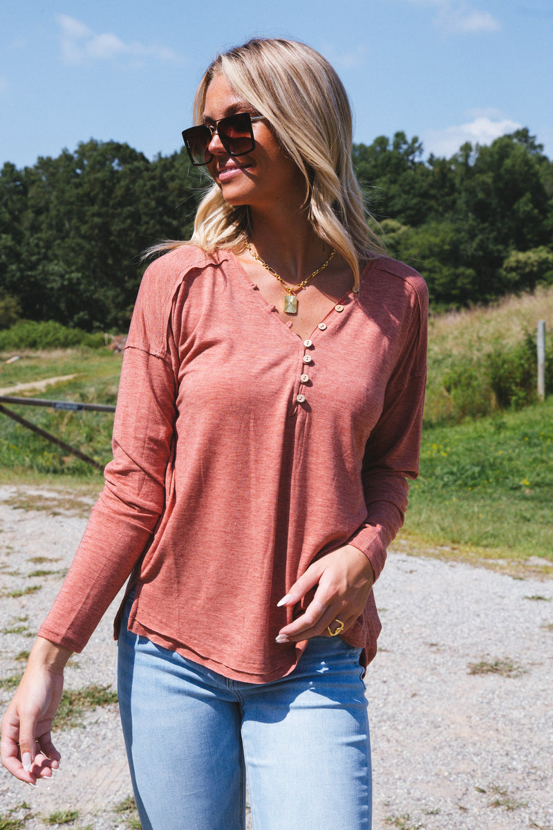 Bence Button Knit Top, Brick
