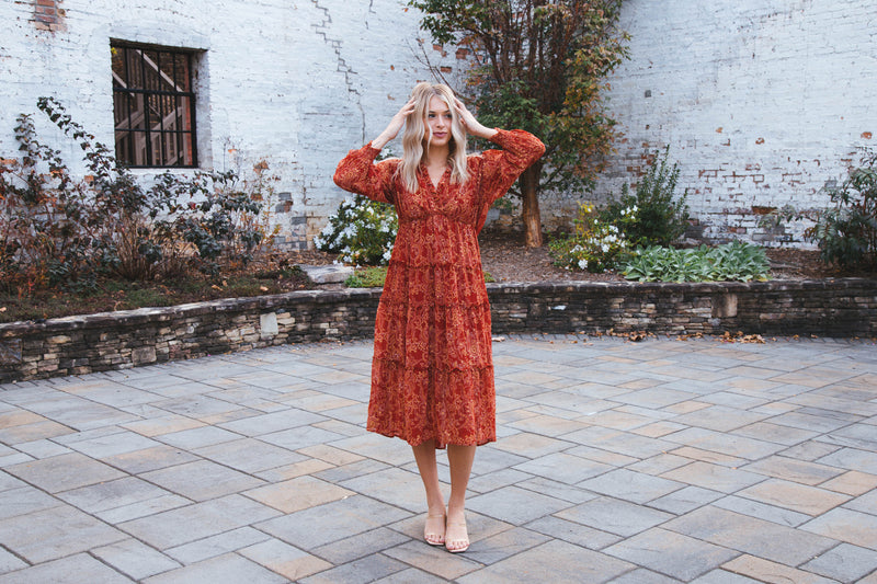 Kinsley Three Quarter Sleeve Printed Tiered Maxi Dress, Wine