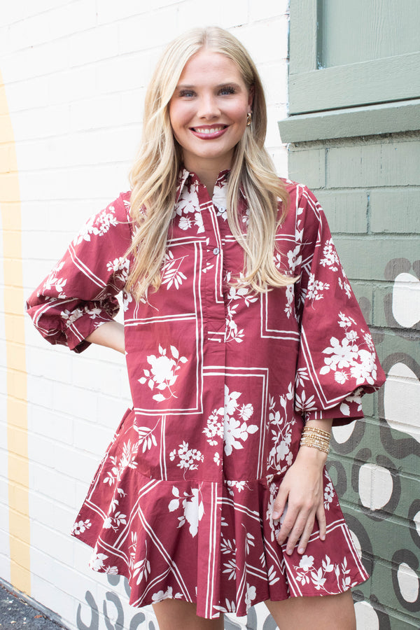 Charlie Printed Collared Mini Dress, Red Brown