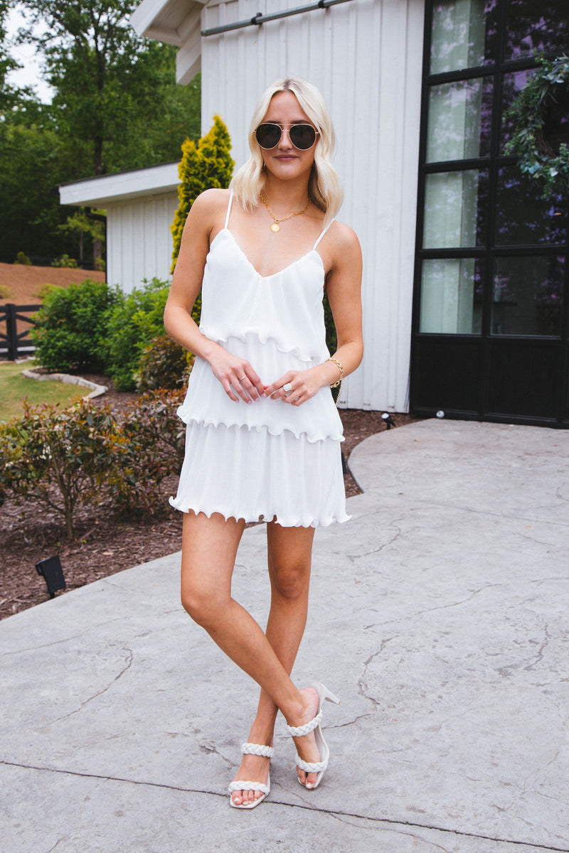 Costa Plisse Tiered Mini Dress, Ivory