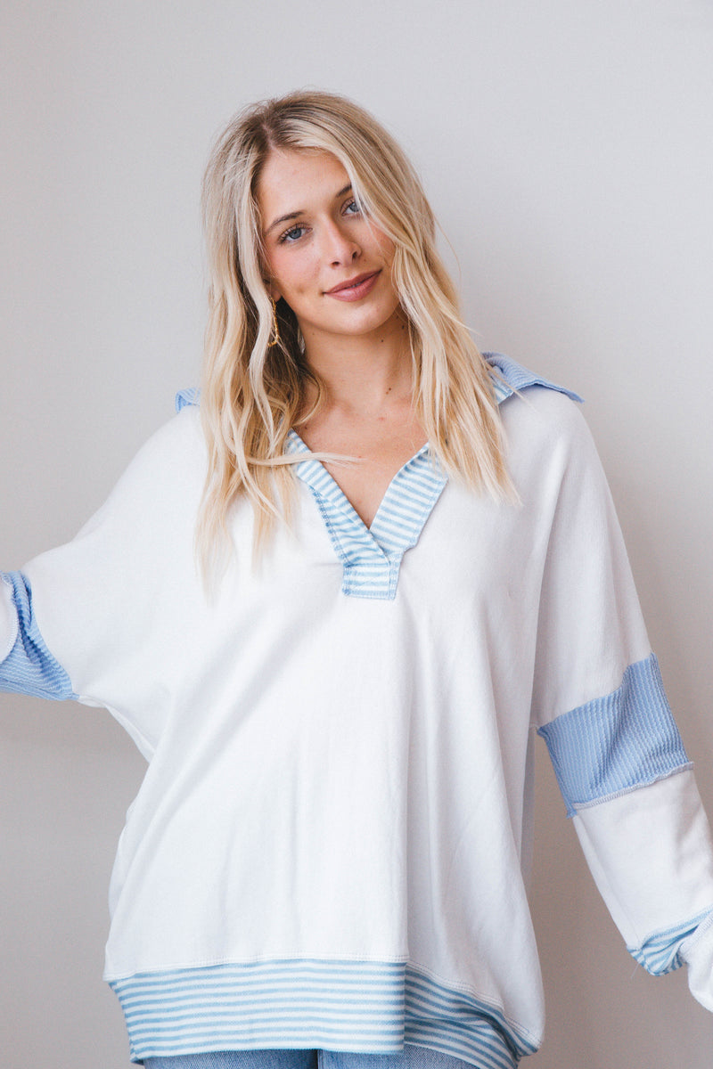 Maria French Terry Contrast Top, Powder Blue