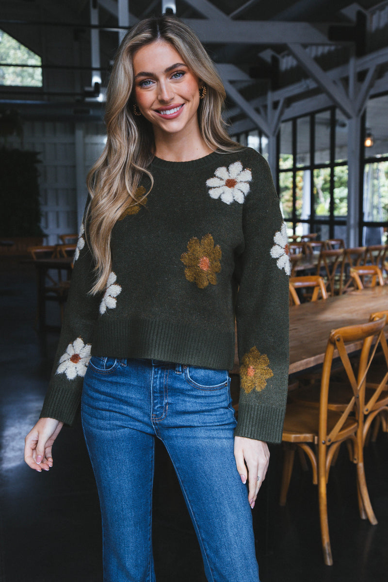 Daisy Flower Motif Sweater, Khaki