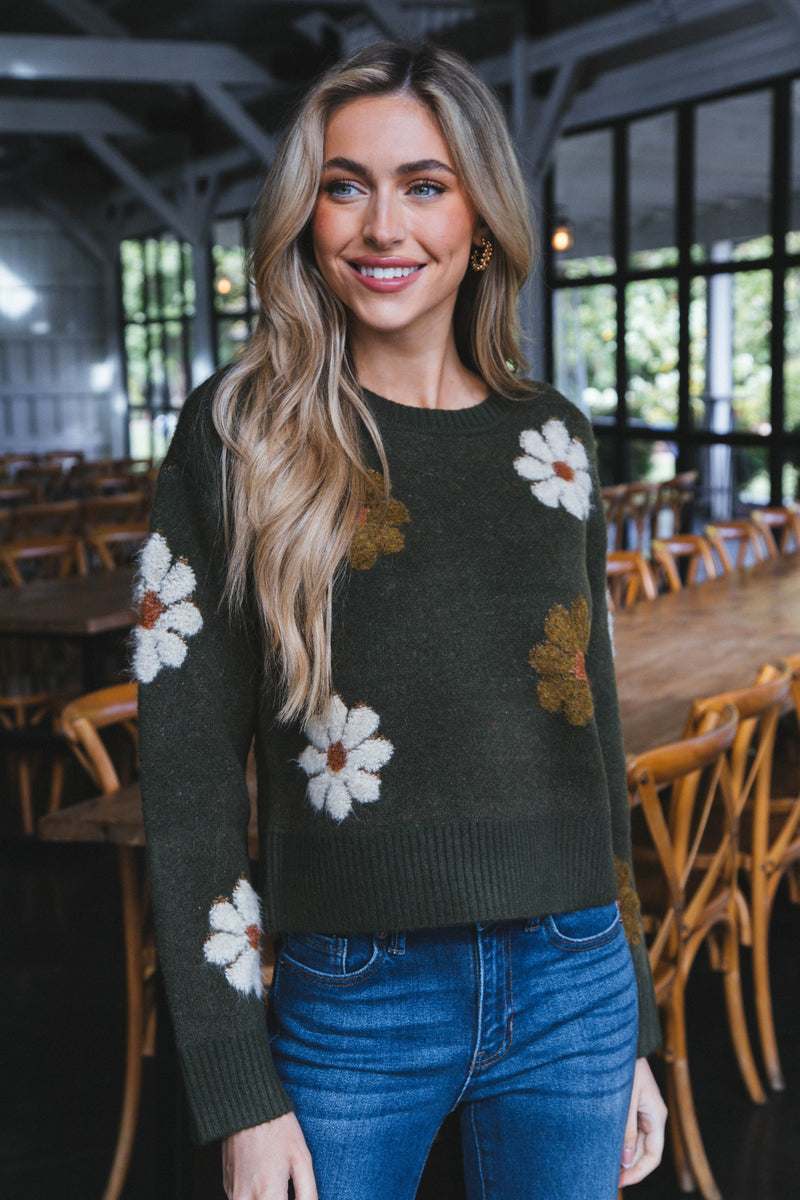 Daisy Flower Motif Sweater, Khaki
