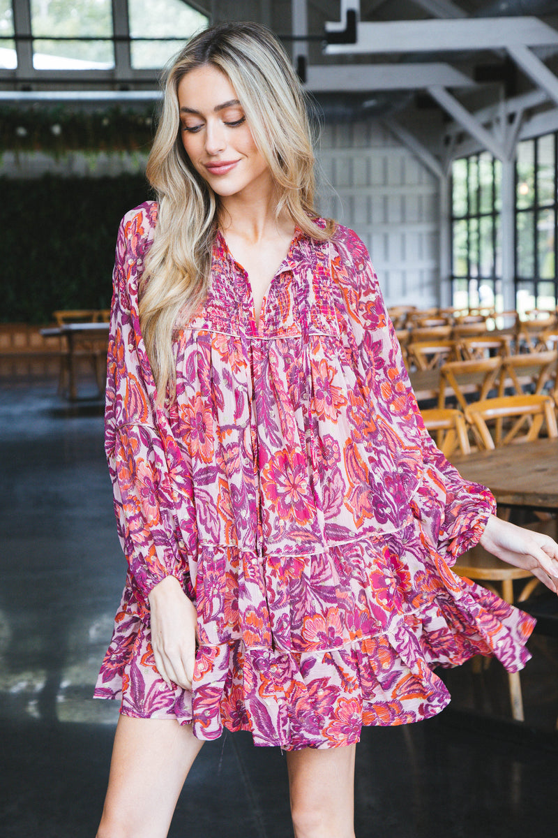 Skyla Tiered Puff Sleeve Dress, Pink Fuchsia