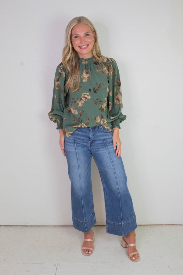 Dora Floral Smocked Detail Blouse, Deep Sage Multi