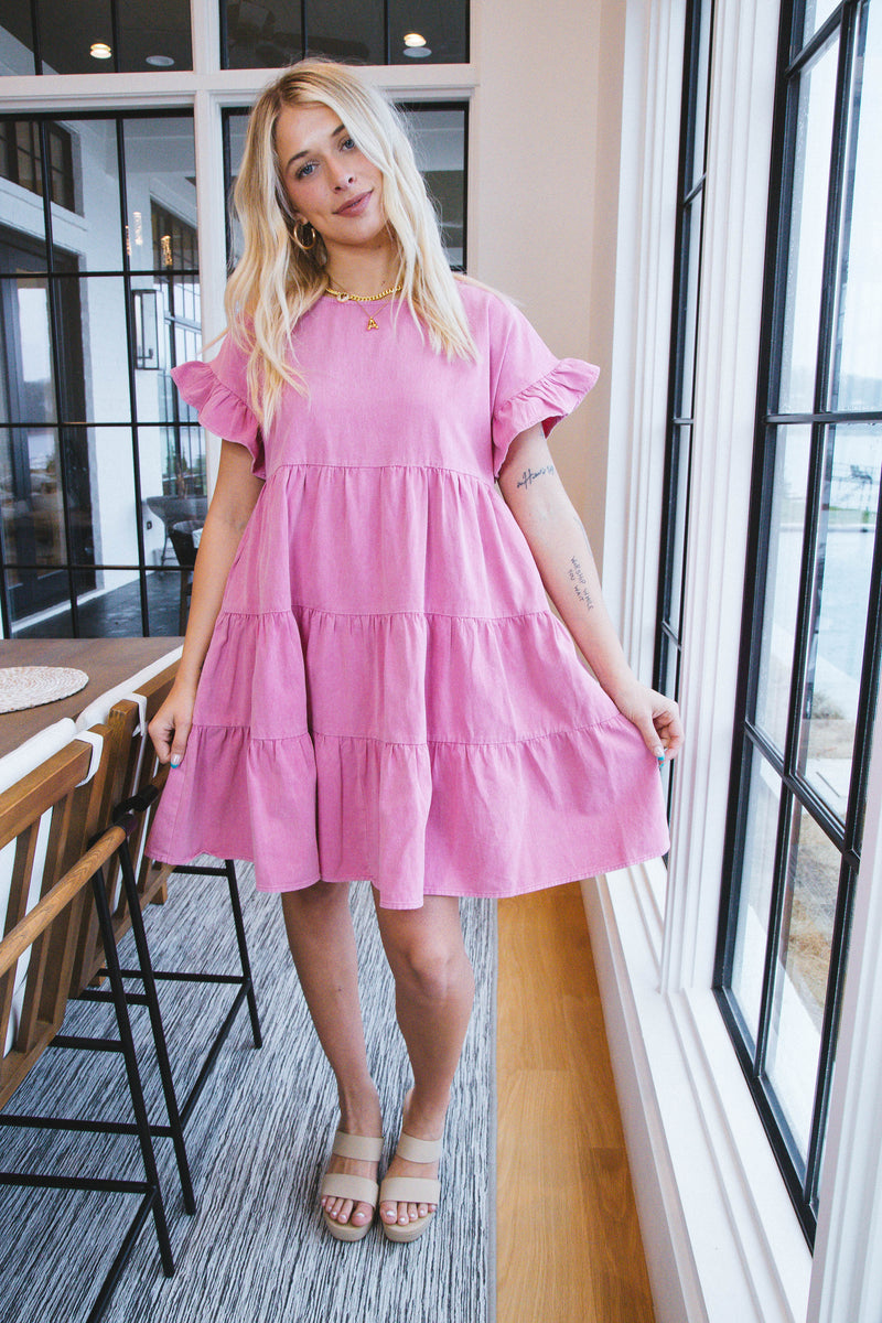 Zuri Drop Shoulder Denim Dress, Pink
