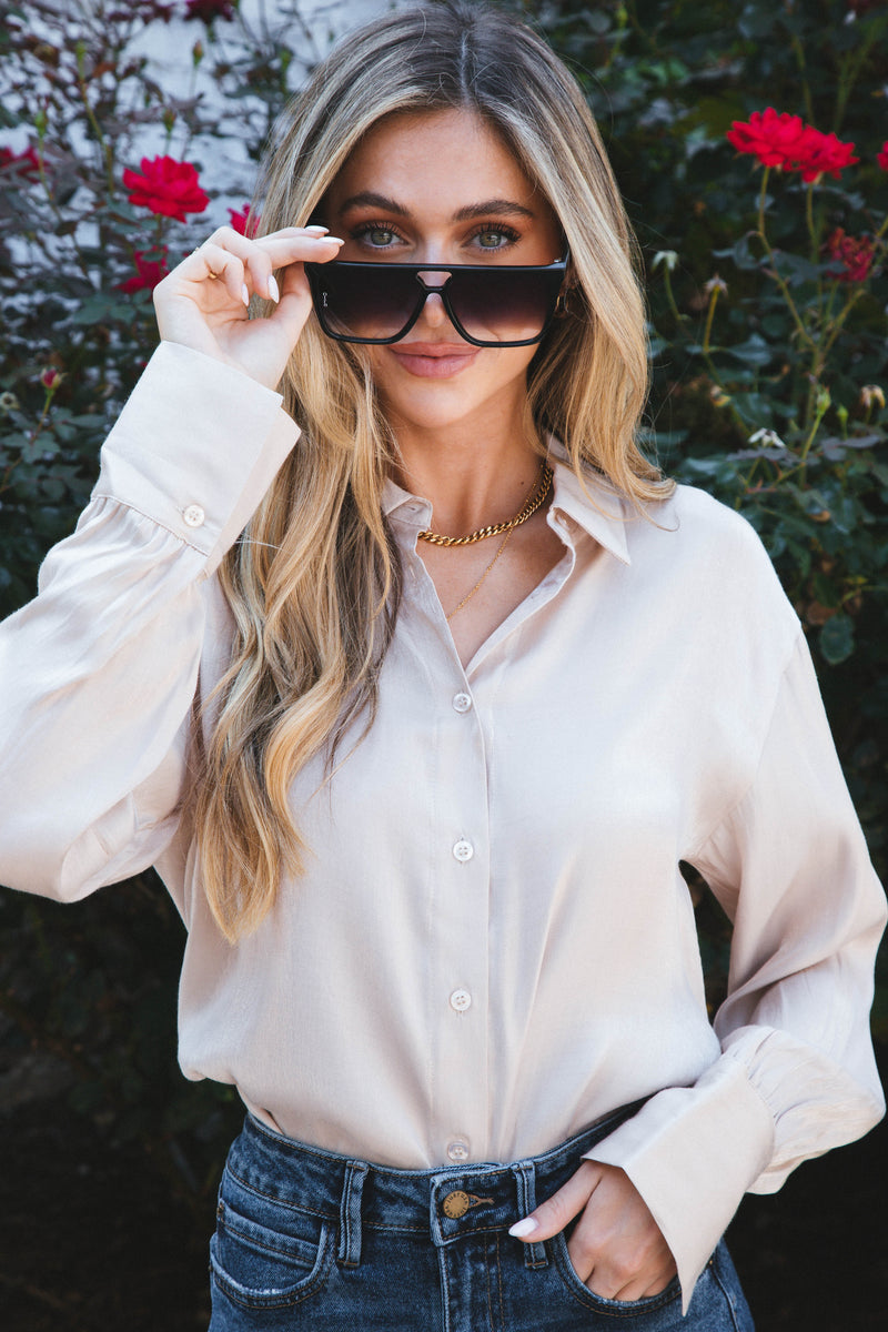 Khaleesi Satin Button Up Blouse, Light Khaki