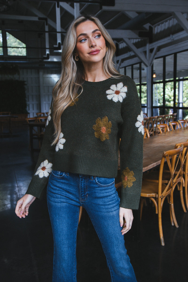 Daisy Flower Motif Sweater, Khaki