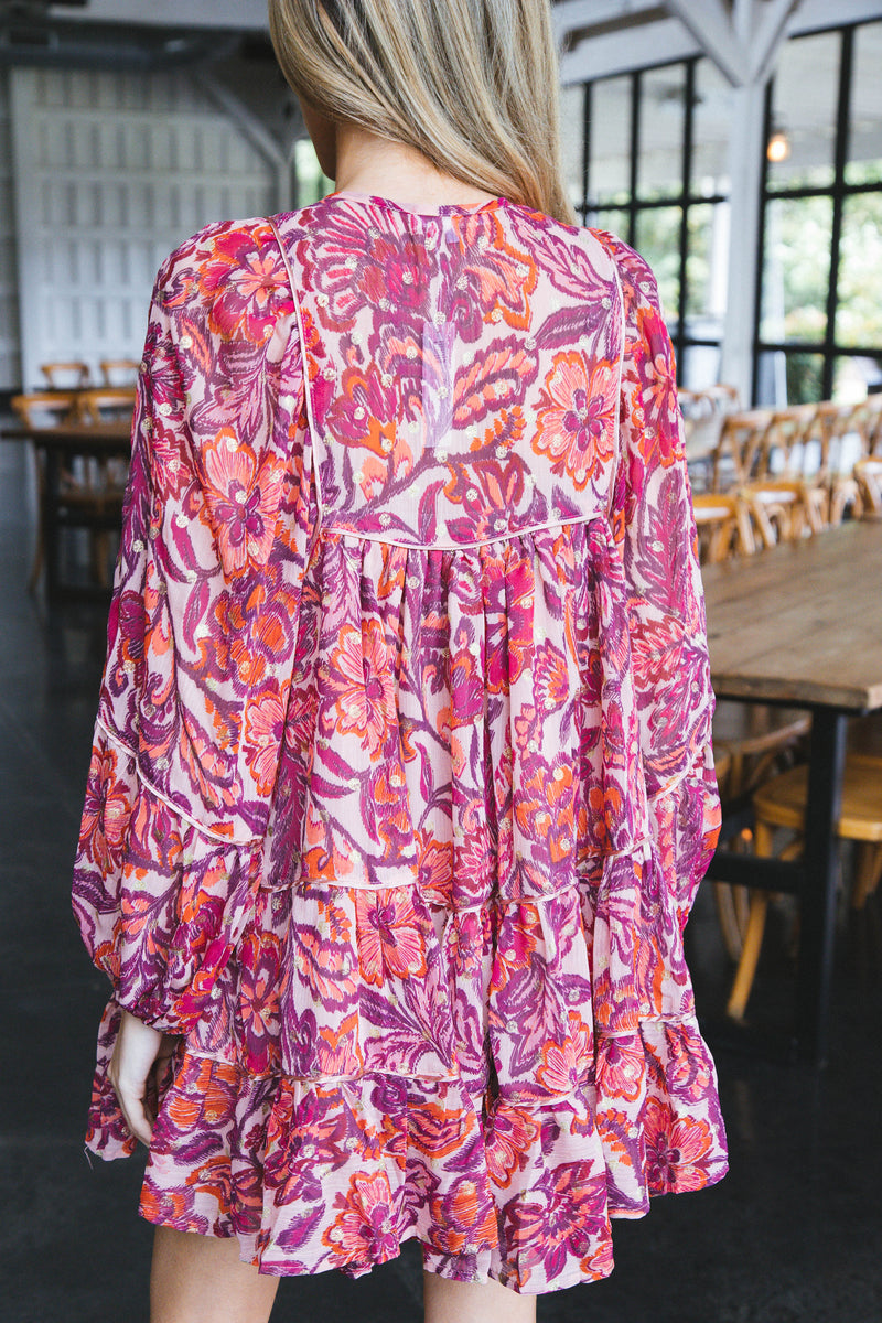 Skyla Tiered Puff Sleeve Dress, Pink Fuchsia