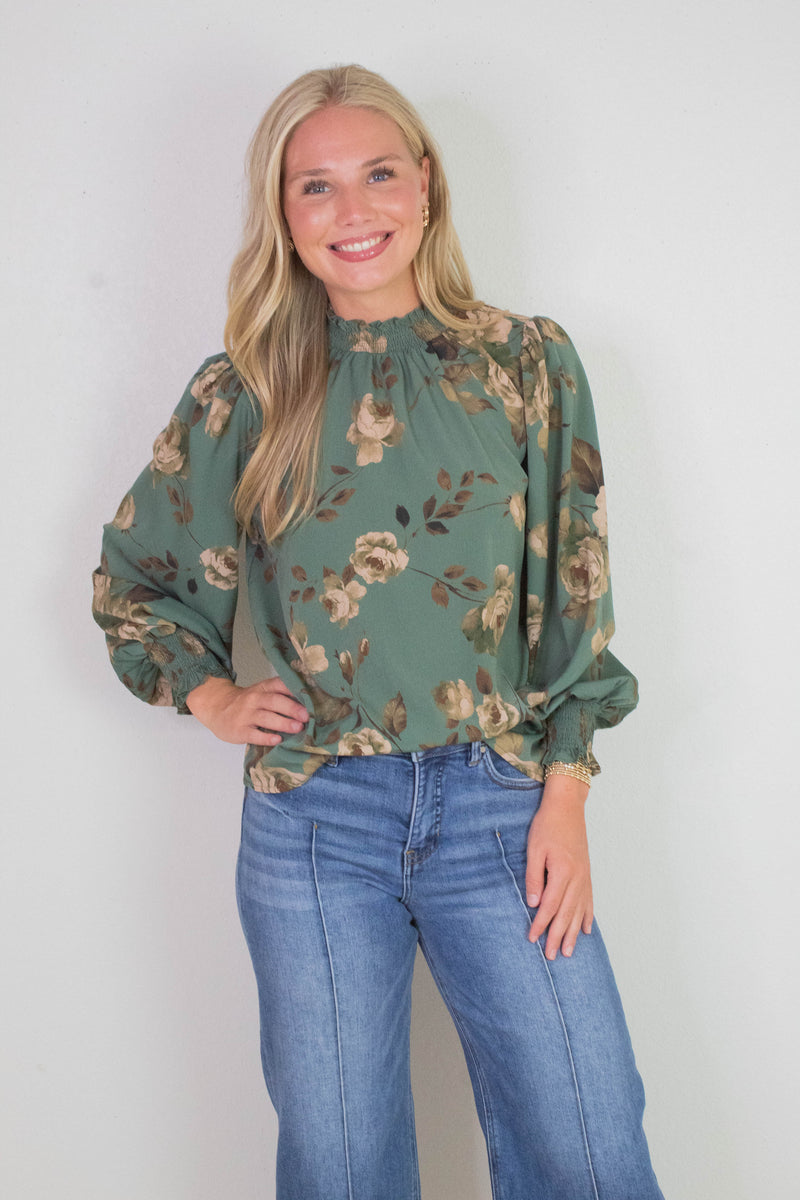 Dora Floral Smocked Detail Blouse, Deep Sage Multi