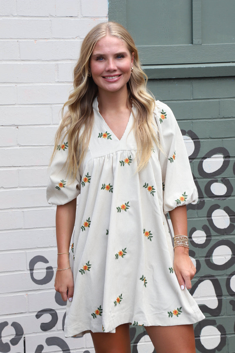 Emberlynn Corduroy Floral Babydoll Dress, Cream