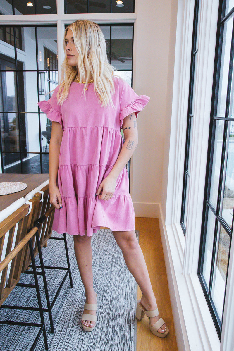 Zuri Drop Shoulder Denim Dress, Pink