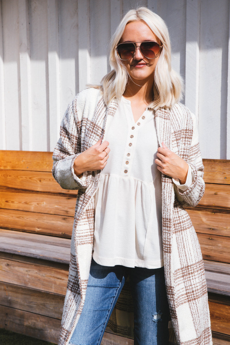 Polina Waffle Knit Henley Top, Cream