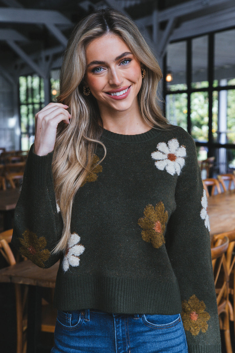 Daisy Flower Motif Sweater, Khaki