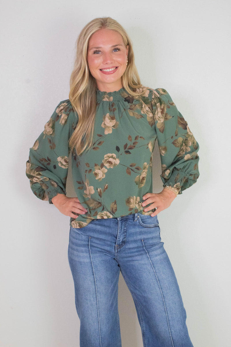 Dora Floral Smocked Detail Blouse, Deep Sage Multi