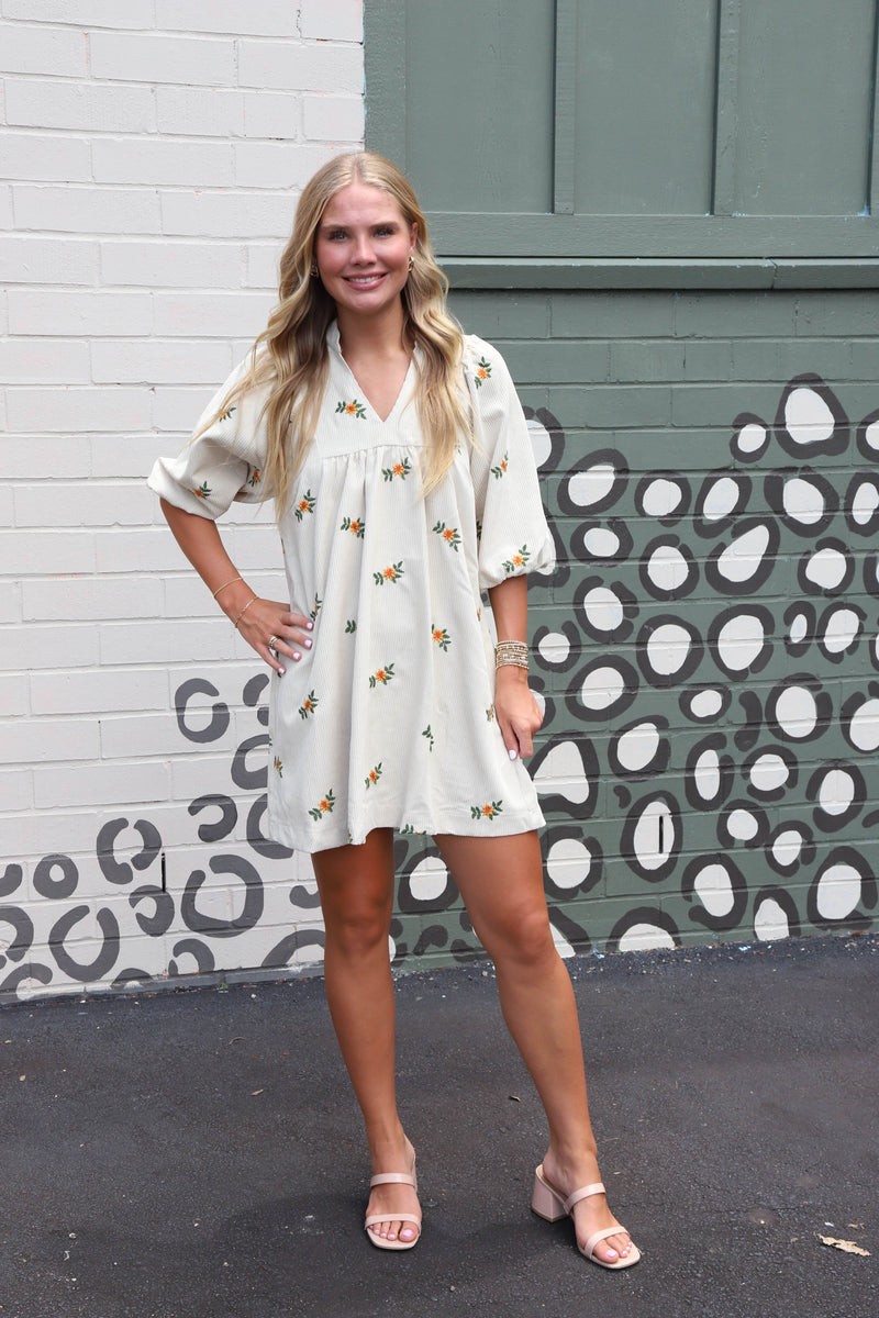 Emberlynn Corduroy Floral Babydoll Dress, Cream