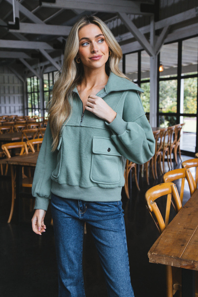 Rayne Three-Quarter Zip Pullover, Sage