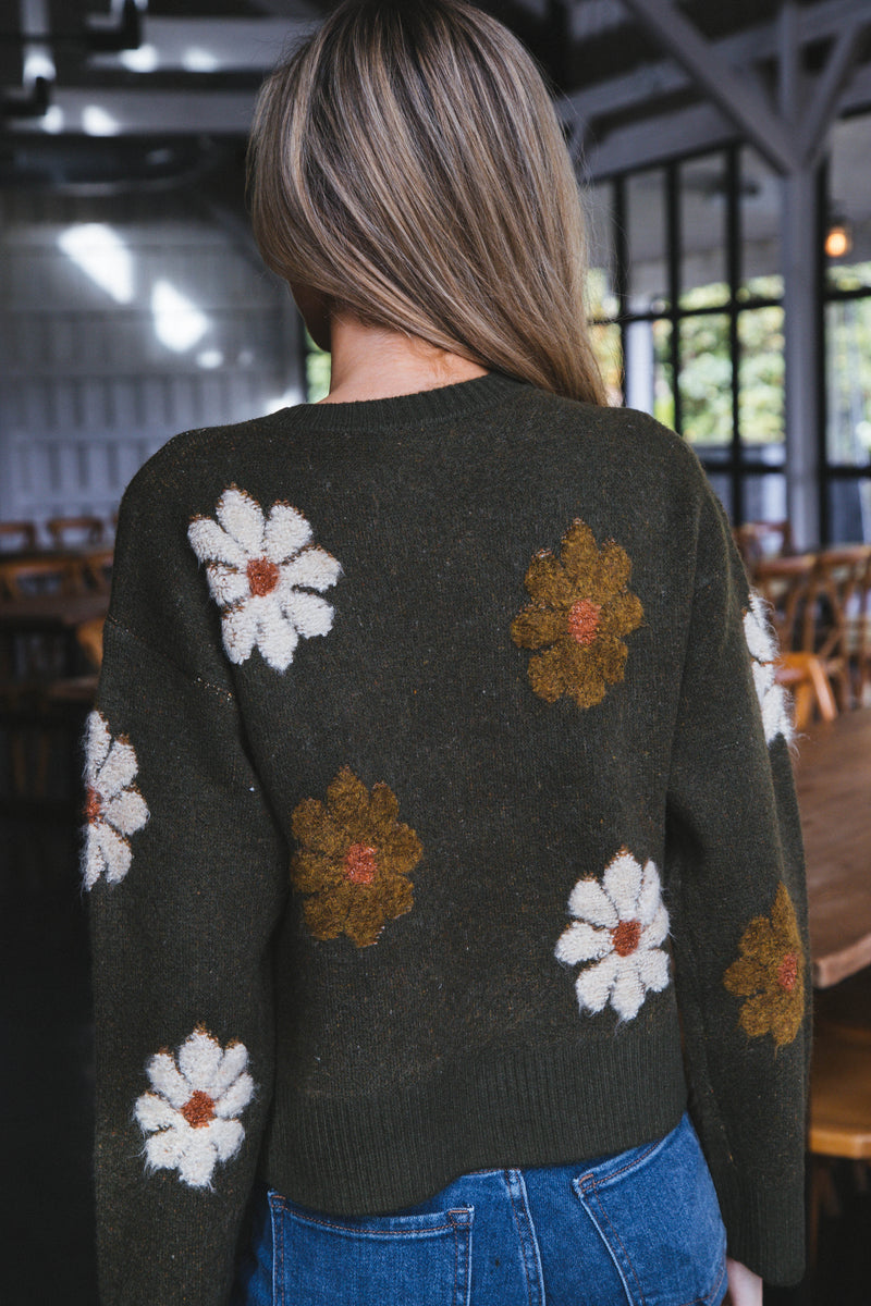 Daisy Flower Motif Sweater, Khaki