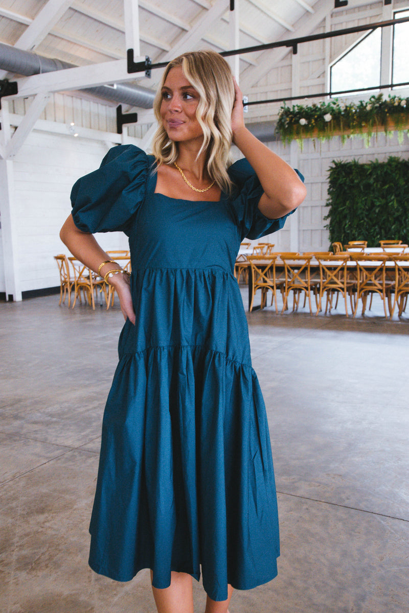 Tiana Tiered Midi Dress, Teal Green