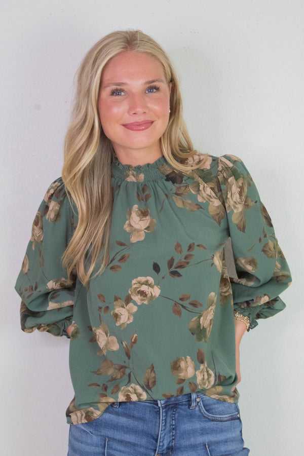 Dora Floral Smocked Detail Blouse, Deep Sage Multi