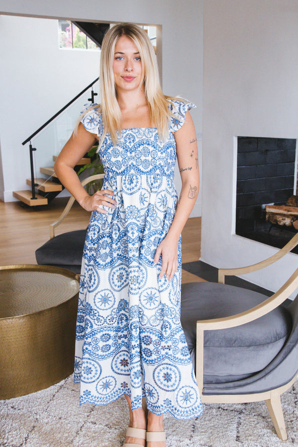 Samantha Embroidered Maxi Dress, White/Blue