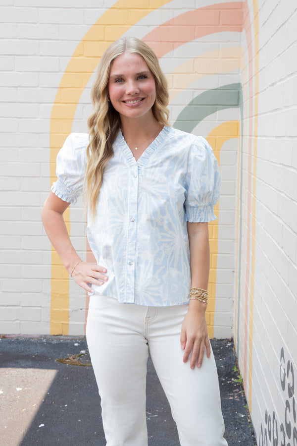 Kayleigh Ruffled V-Neck Top, Blue