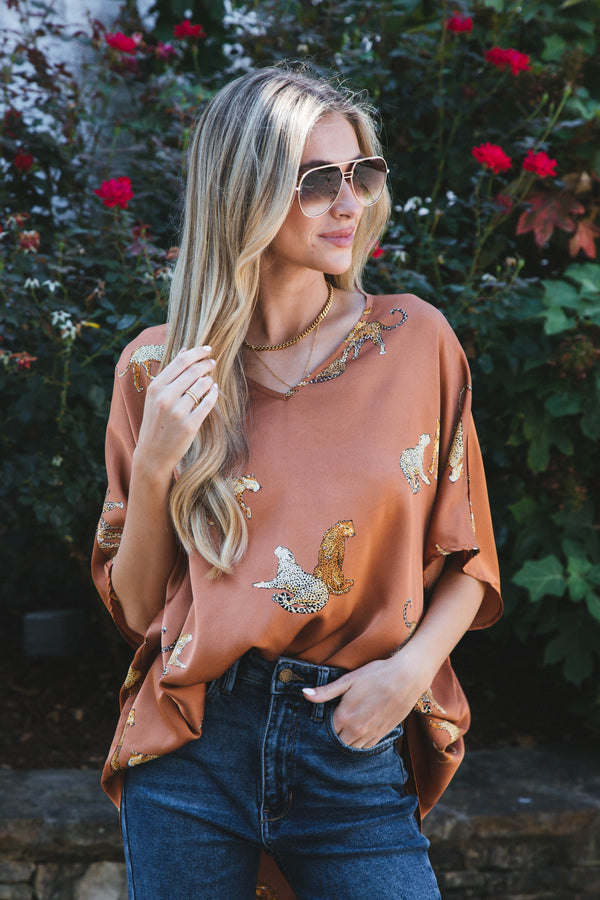 Satin Animal Print V Neck, Toffee