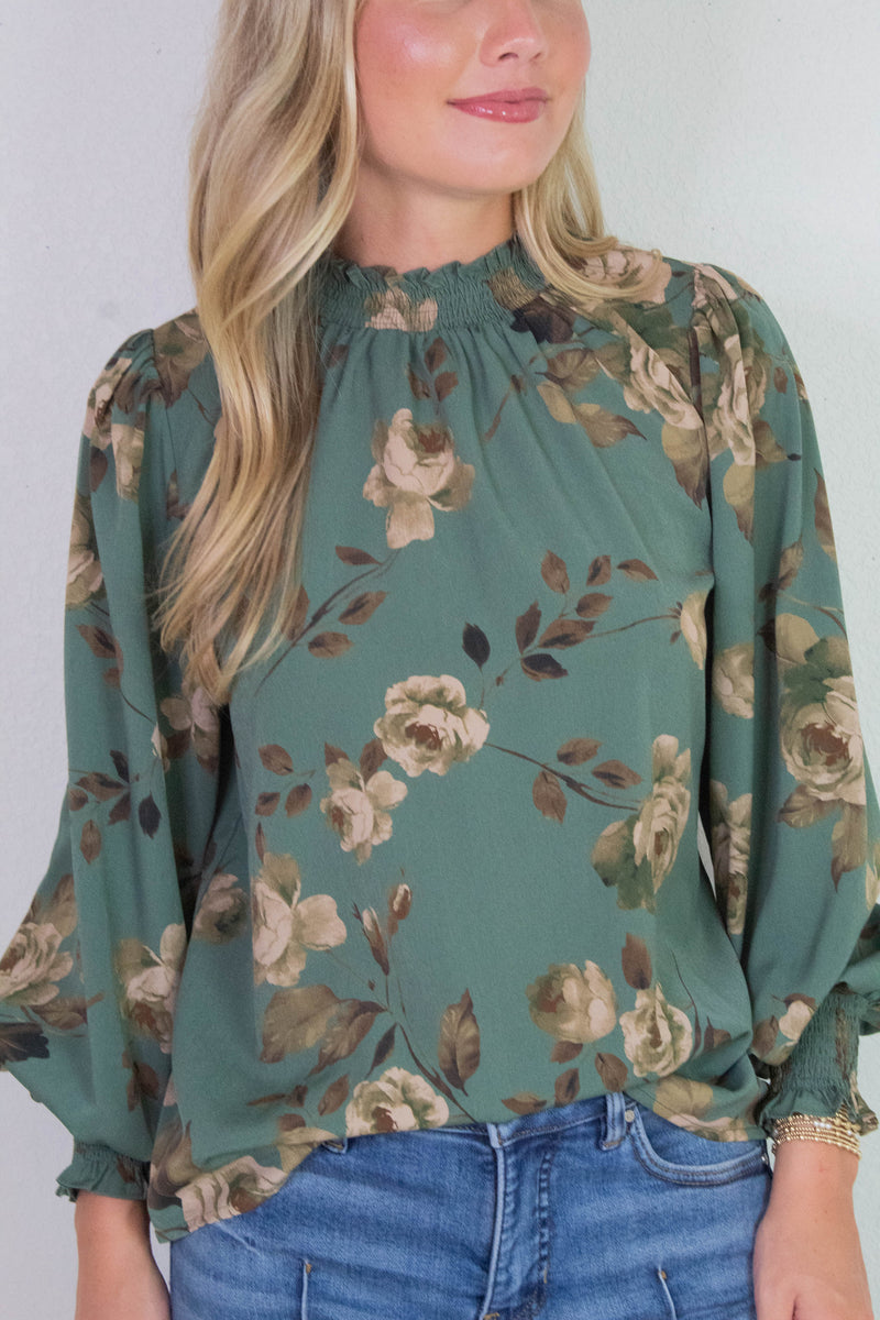 Dora Floral Smocked Detail Blouse, Deep Sage Multi
