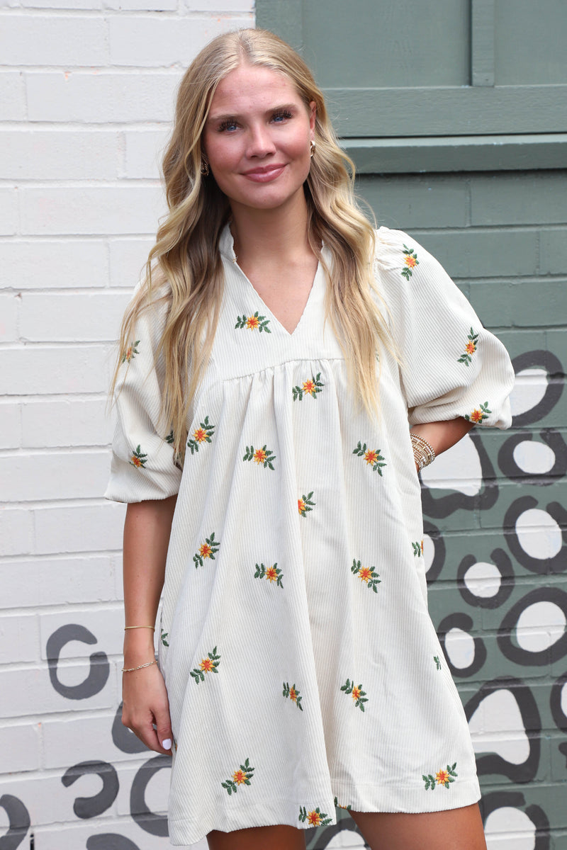 Emberlynn Corduroy Floral Babydoll Dress, Cream
