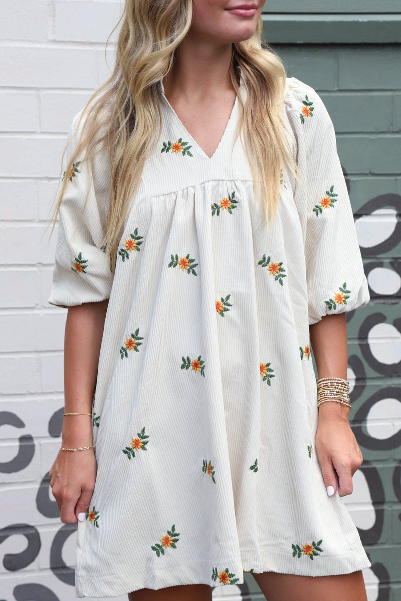 Emberlynn Corduroy Floral Babydoll Dress, Cream