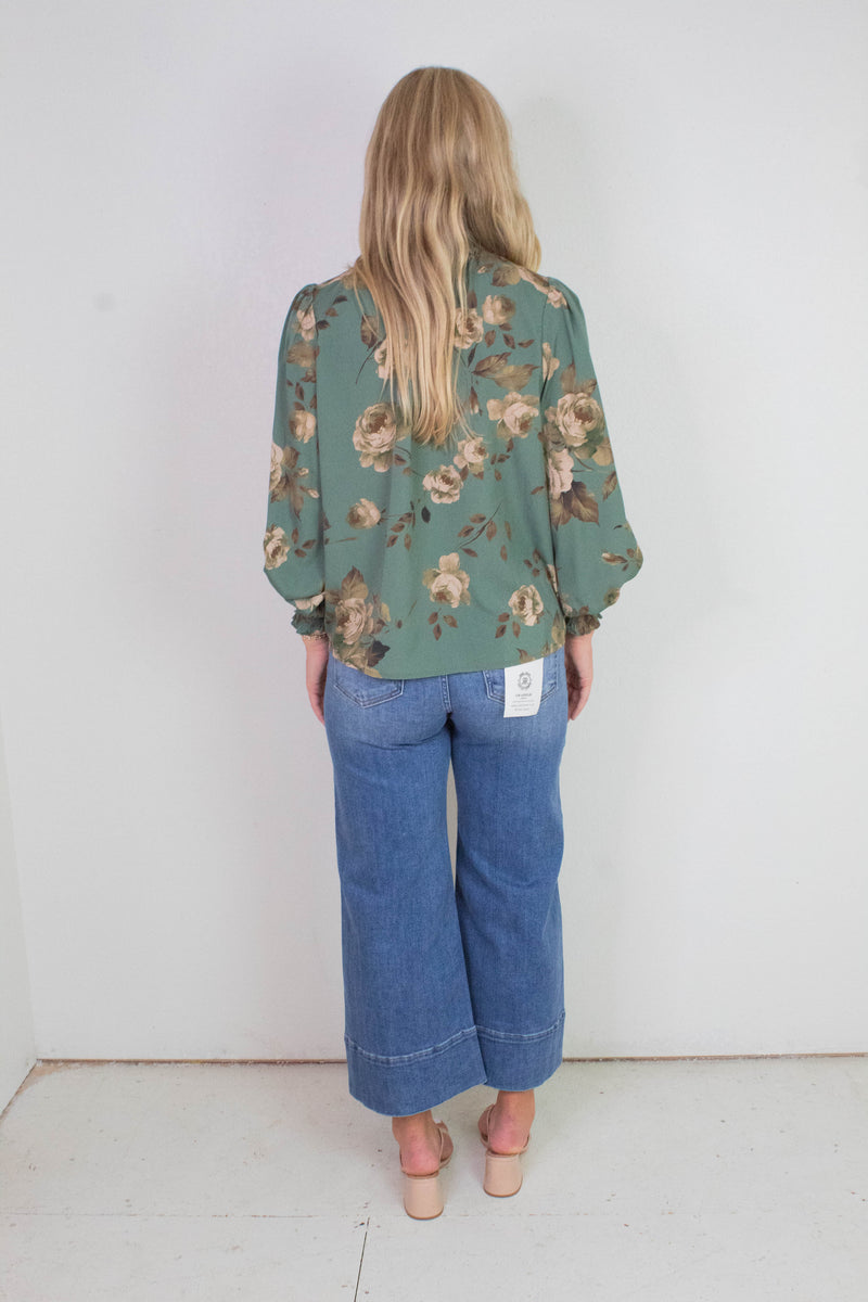 Dora Floral Smocked Detail Blouse, Deep Sage Multi