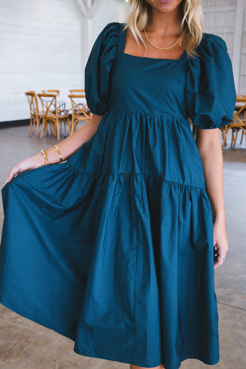 Tiana Tiered Midi Dress, Teal Green