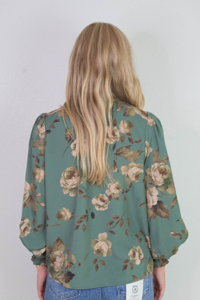 Dora Floral Smocked Detail Blouse, Deep Sage Multi