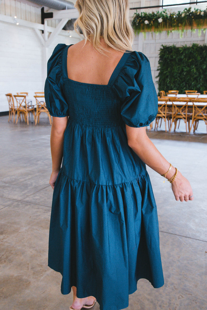 Tiana Tiered Midi Dress, Teal Green