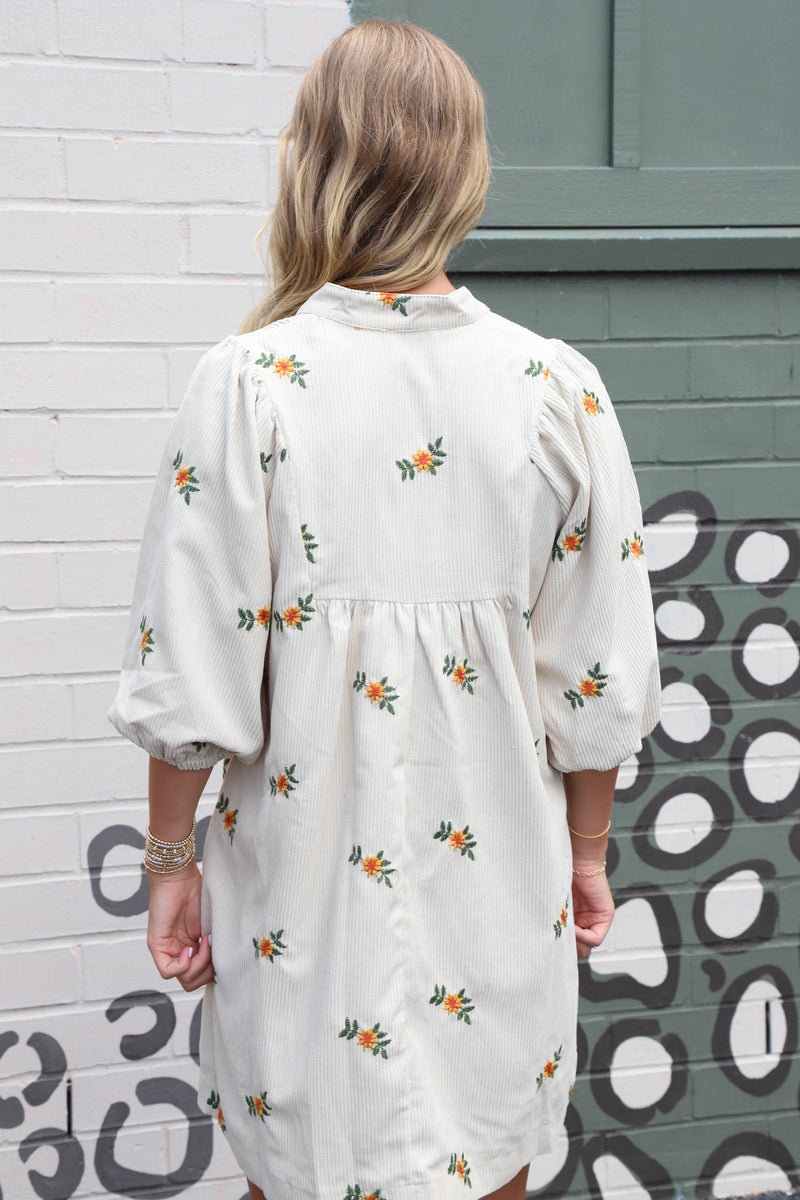 Emberlynn Corduroy Floral Babydoll Dress, Cream