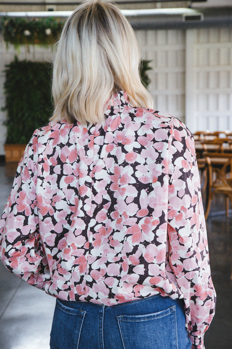 Genevieve Floral Print Bubble Hem Long Sleeve Top, Pink/Black