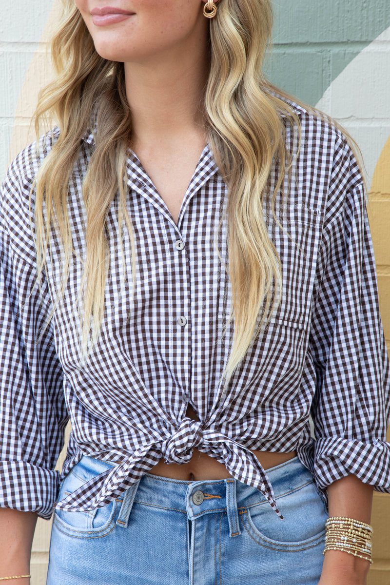 Nikka Checkered Button Down Shirt, Brown