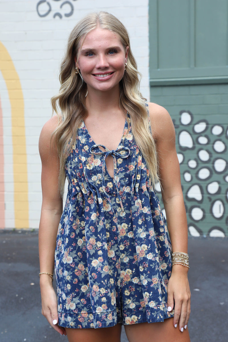 Celina Floral Pleated V-Neck Romper, Peach Combo