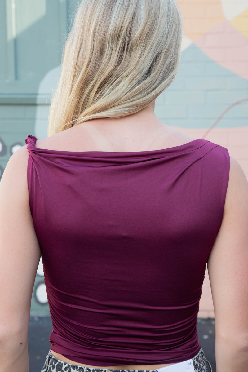 Delia Asymmetrical Off Shoulder Top, Burgundy