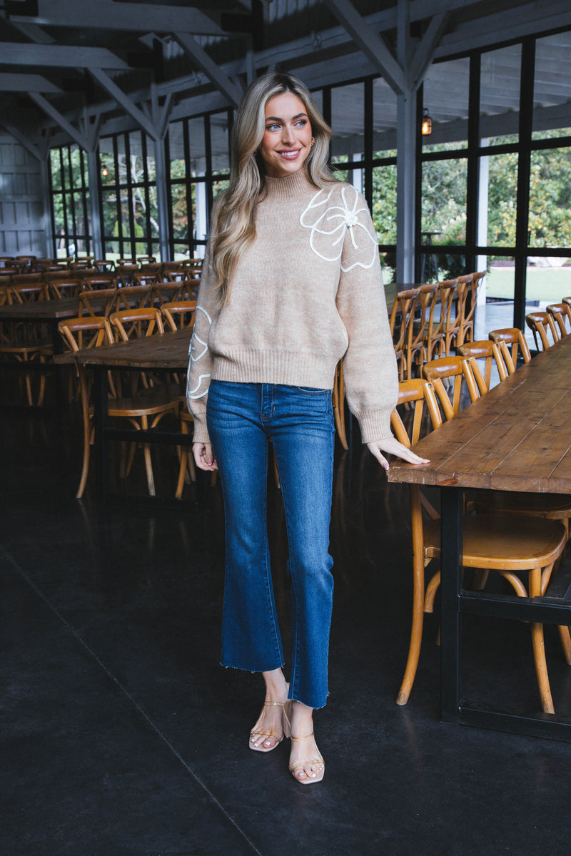 Ella Mock Neck Sweater, Taupe-Ivory | Extended Sizes