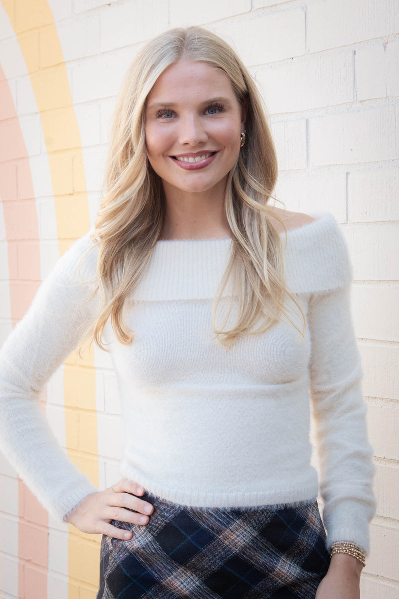 Wren Off Shoulder Fold Over Sweater, Cream