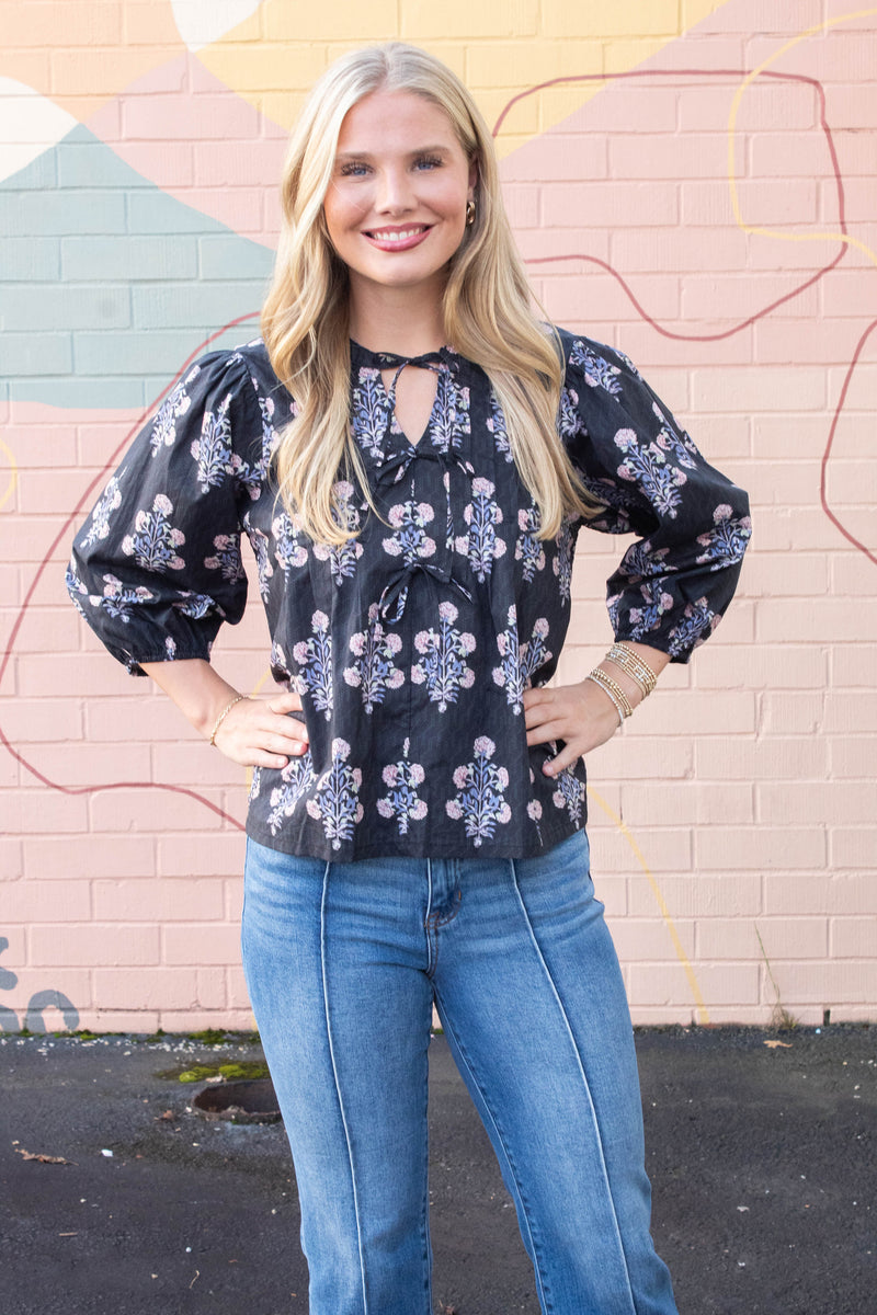 Reese Tie Neck Blouse, Black Mix