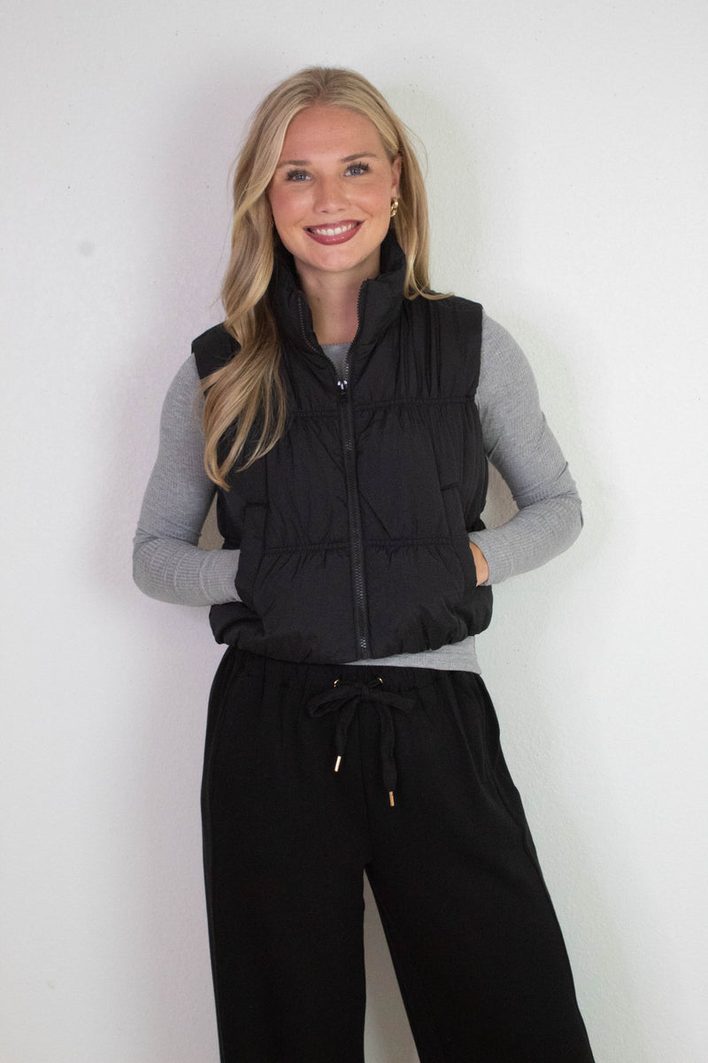 Martha Zip Up Cropped Puffer Vest, Black